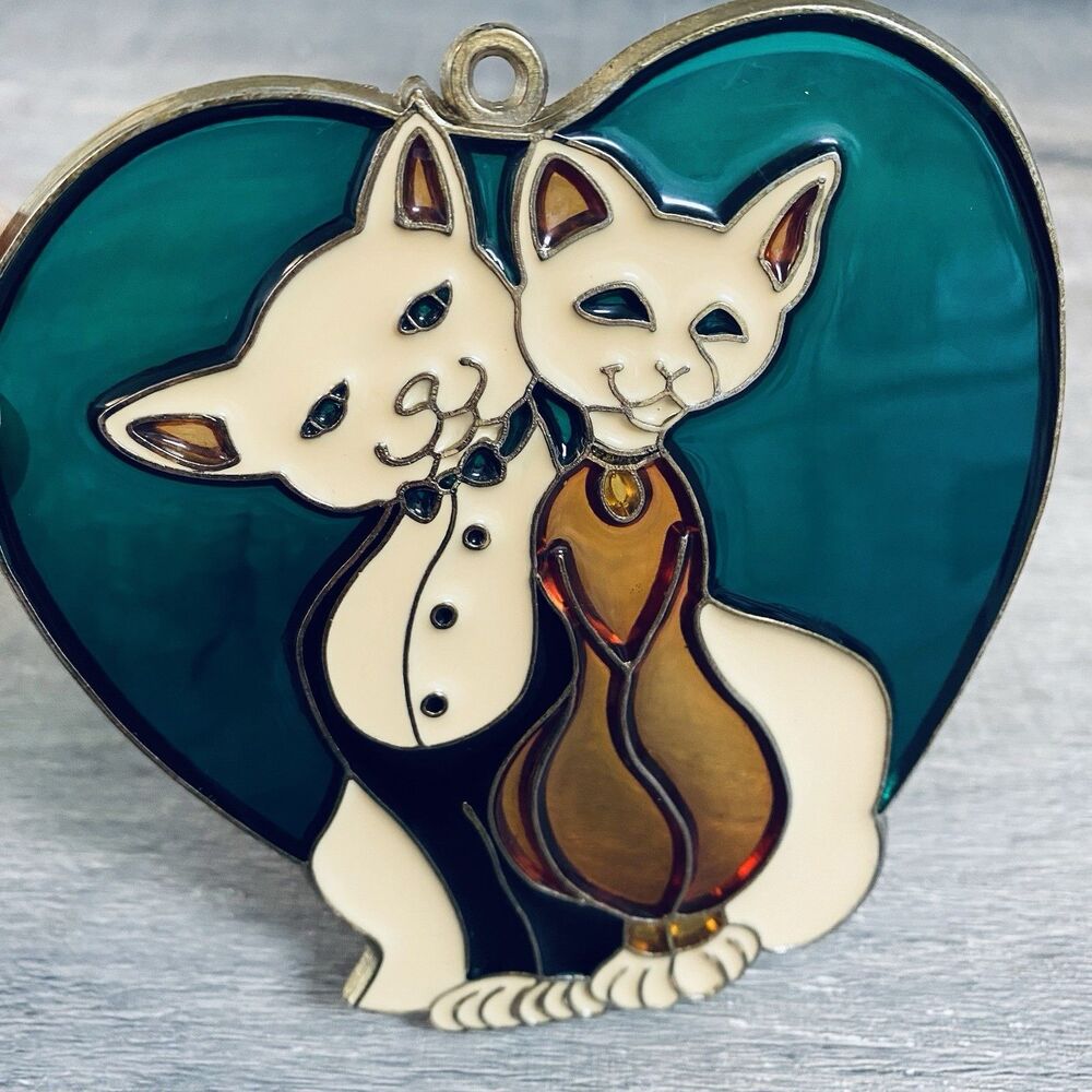 Cats In Love Heart Suncatcher Resin Faux Stained Glass Style